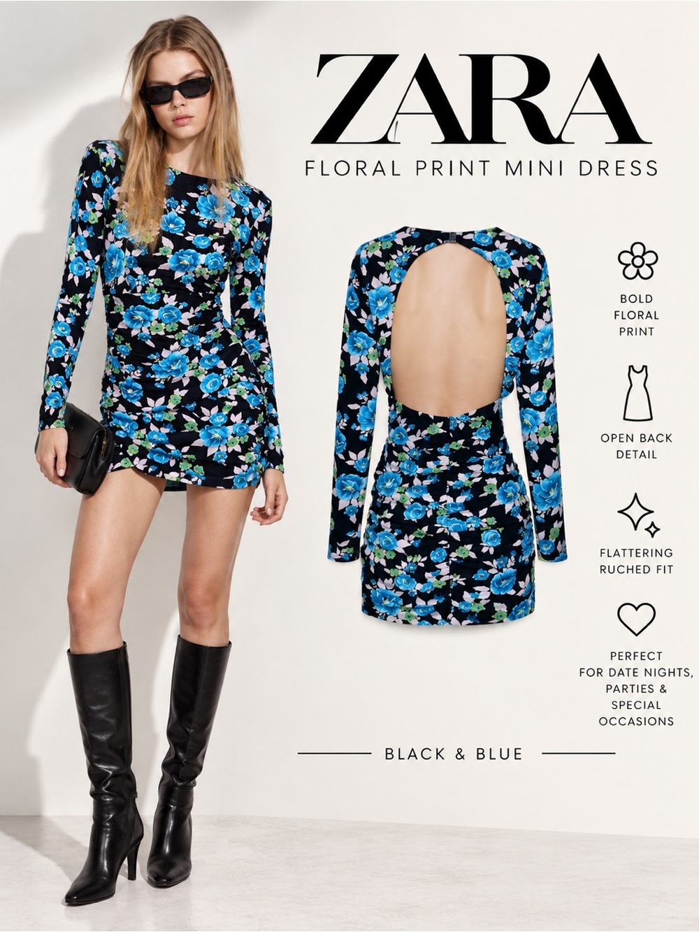 ZARA Black Blue Floral Open Back Ruched Mini Dress M XL NWT